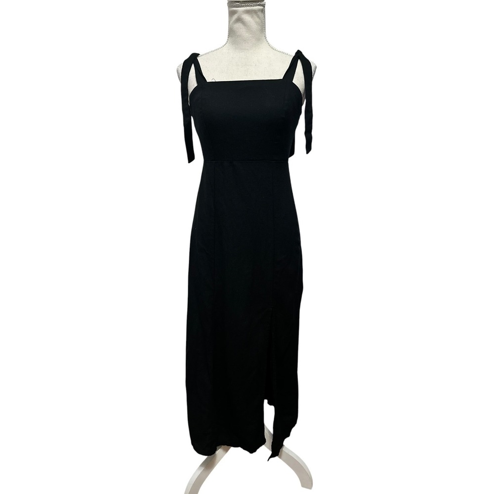 GB Gianni Bini Black Linen Blend Tie Shoulder Smocked Midi Dress Size XS Summer